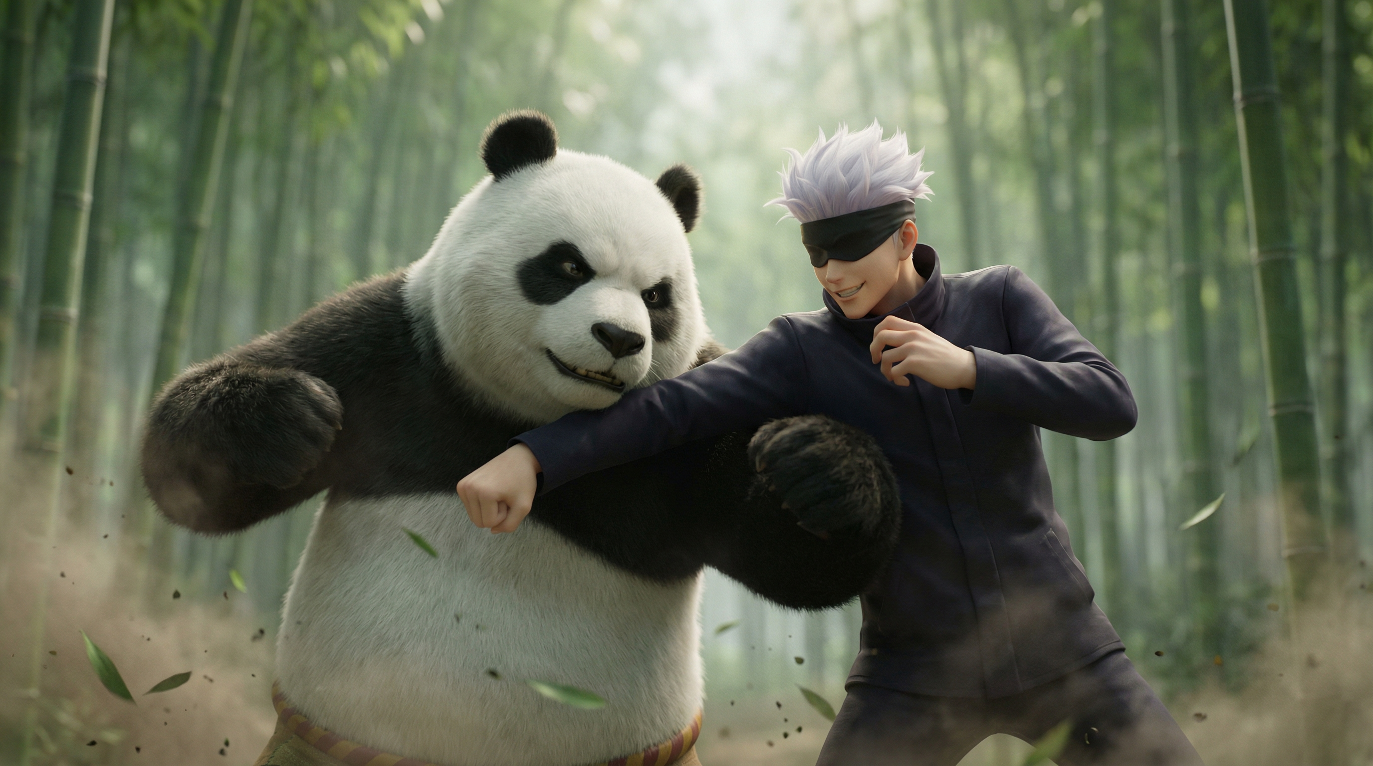 Panda and anime fighter image composition.