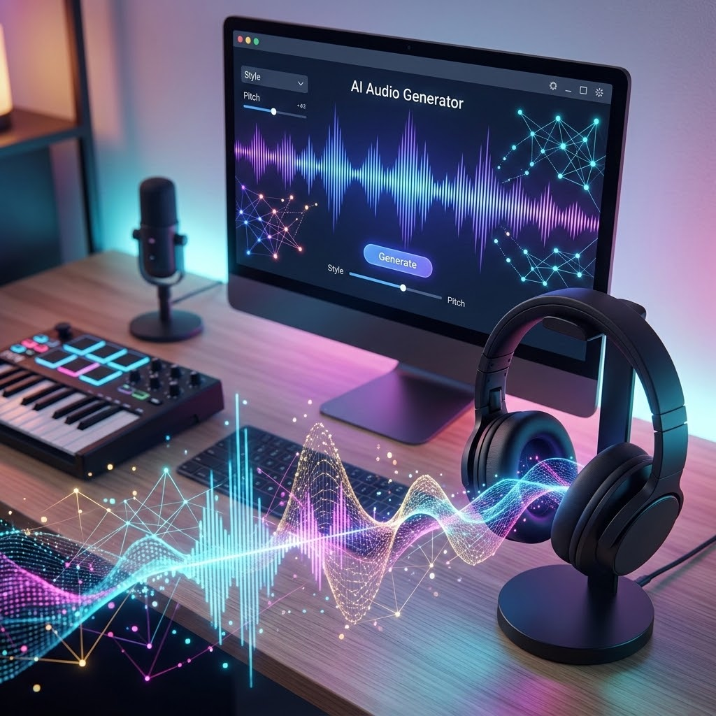 Audio workstation with glowing waveform interface.