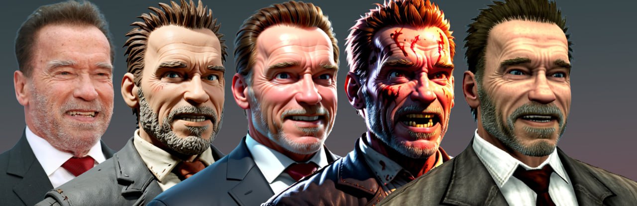 Stylized portrait variations of Arnold Schwarzenegger.